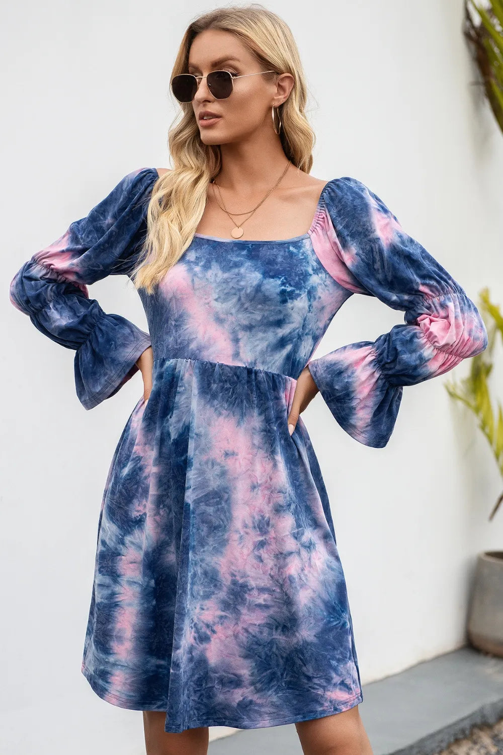 Plush Fashion Hub Ivy Lane tie-dye square neck dress with flounce sleeves, featuring a vibrant colorful pattern and relaxed fit.