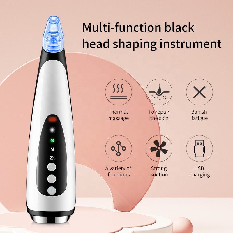 White and black plastic blackhead remover with blue transparent tip, control panel, and silver base.