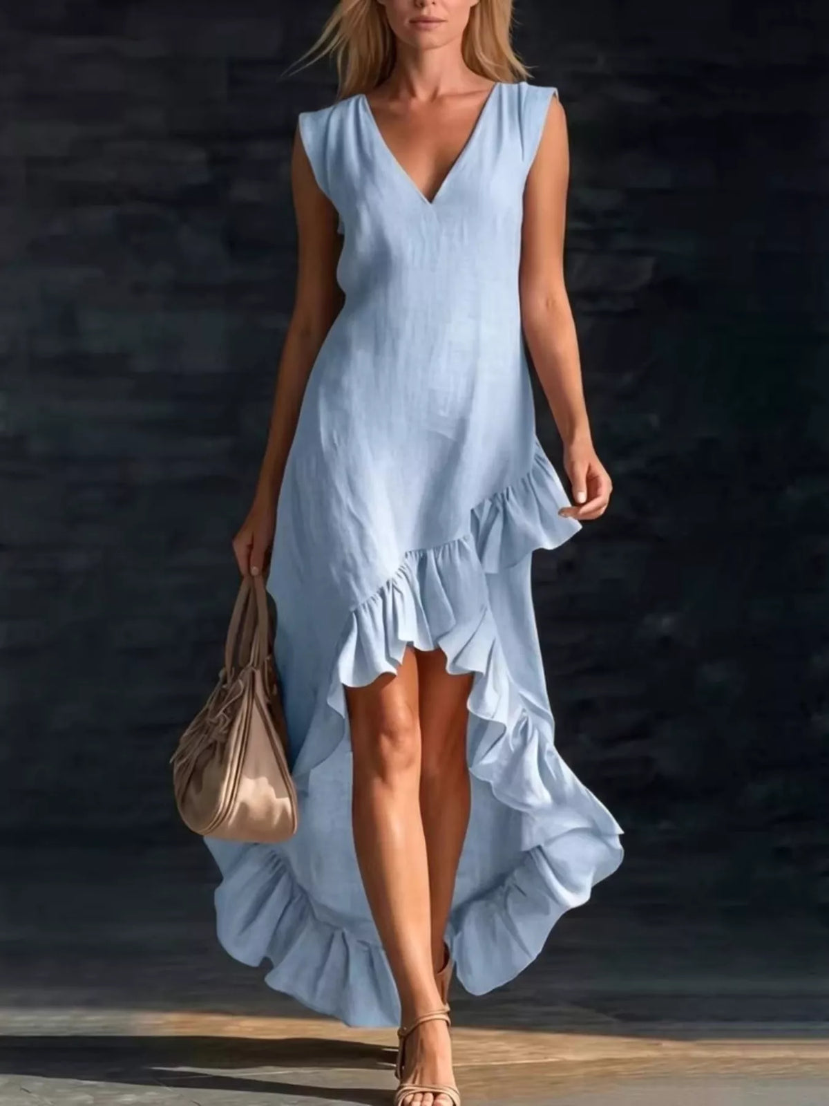 Plus size plush fashion hub v-neck high-low dress with ruffle hem, flowing style, in full size range.