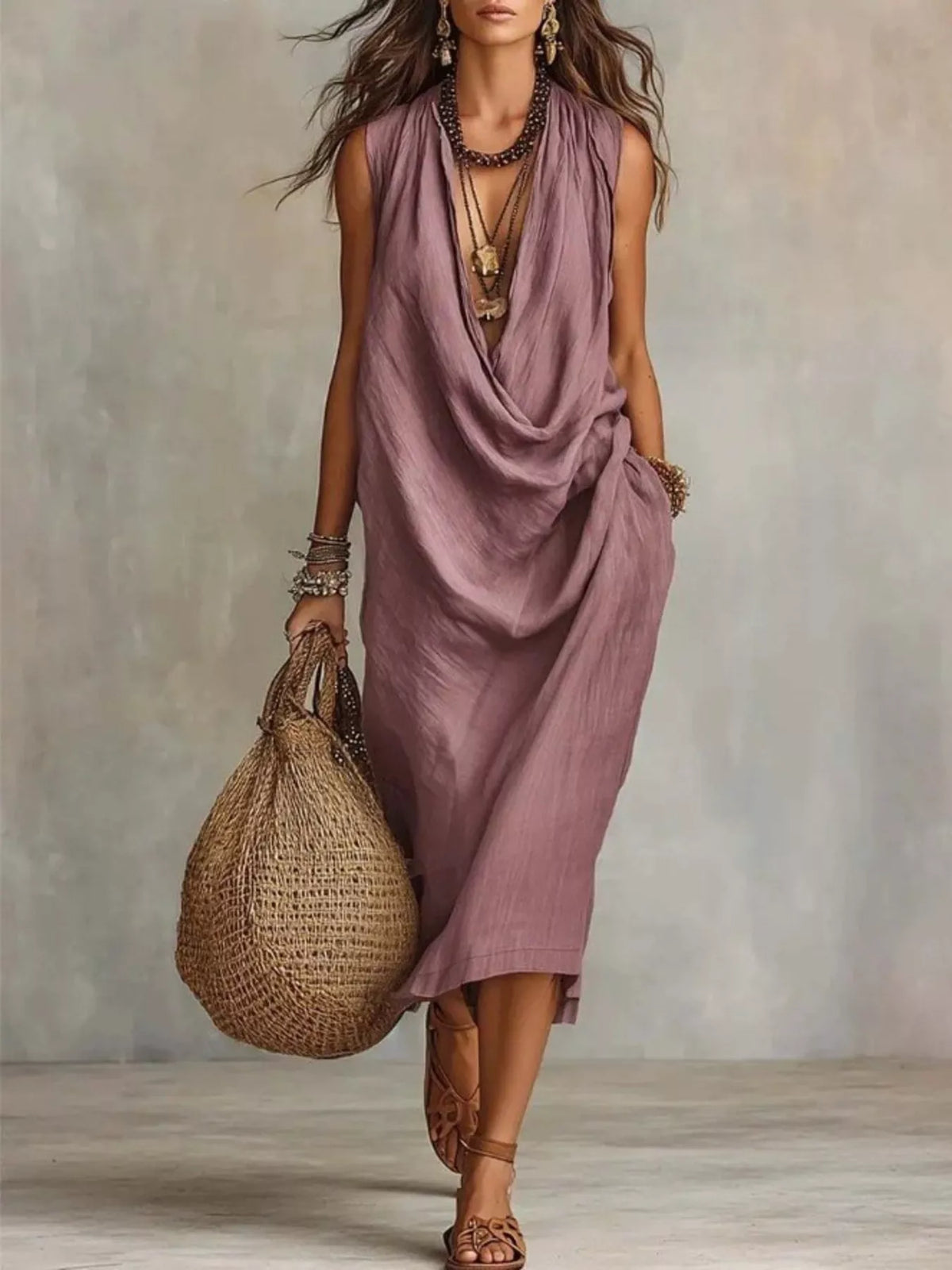 Plus size sleeveless cowl neck midi dress by Trendsi, featuring a flowing silhouette and stylish design, shown in a full-length view.
