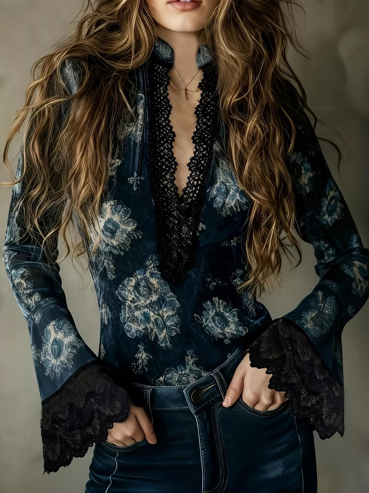 Lace trim flare sleeves blouse by Trendsi featuring a stylish, flowy design with delicate lace detailing on the sleeves.