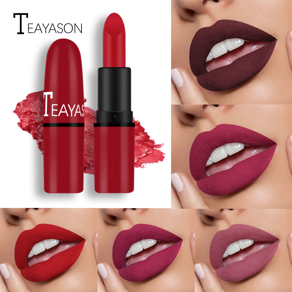 Red Teayason matte lipstick tube and swatches on lips.