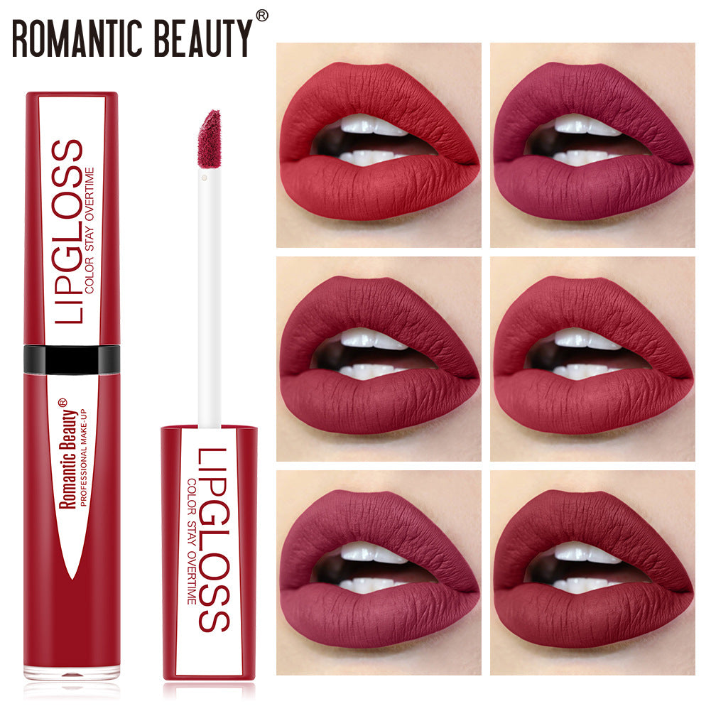 Romantic Beauty matte liquid lipgloss in red, featuring a tube with white text and applicator wand, with six lip swatches.