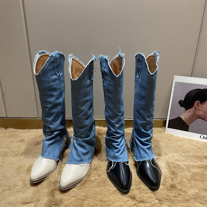 Two pairs of blue denim cowboy boots with distressed hems; two feature white toes, two black.
