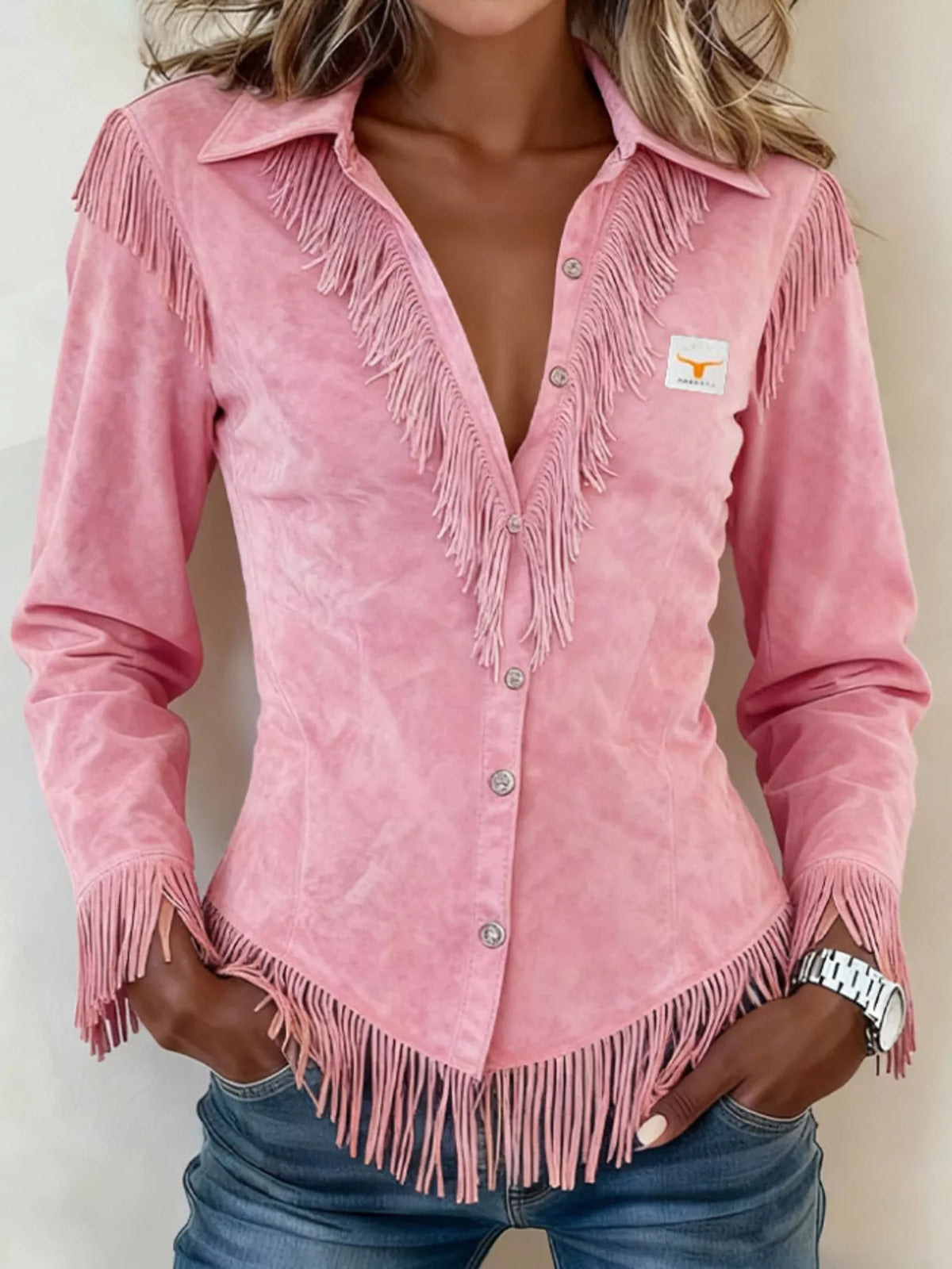 Plus size fringed collared neck shirt by Trendsi, featuring a stylish design with fringe detailing and a classic collar.