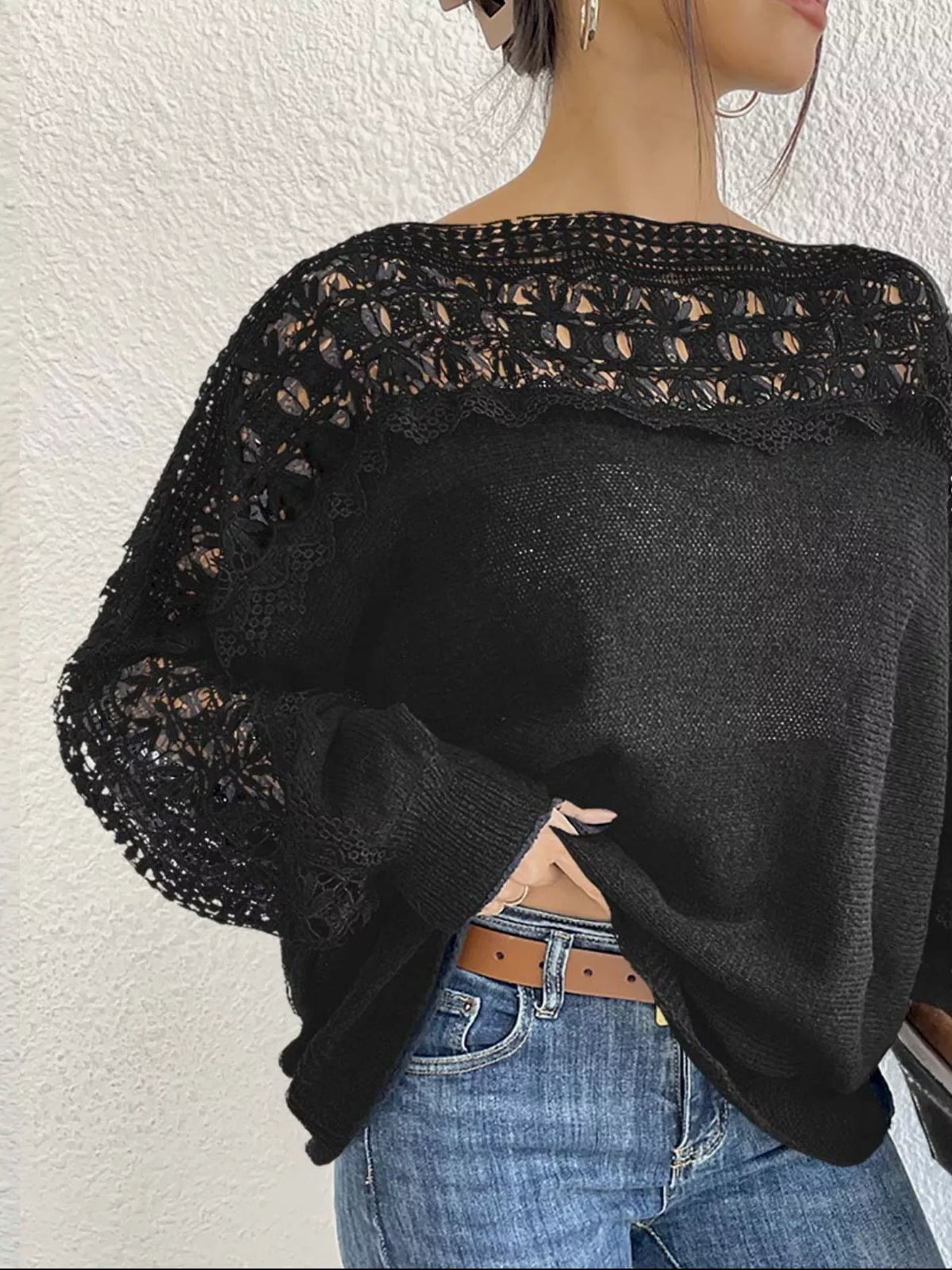 Crochet long sleeve sweater by Plush Fashion Hub, featuring intricate knit pattern and comfortable fit in a cozy design.