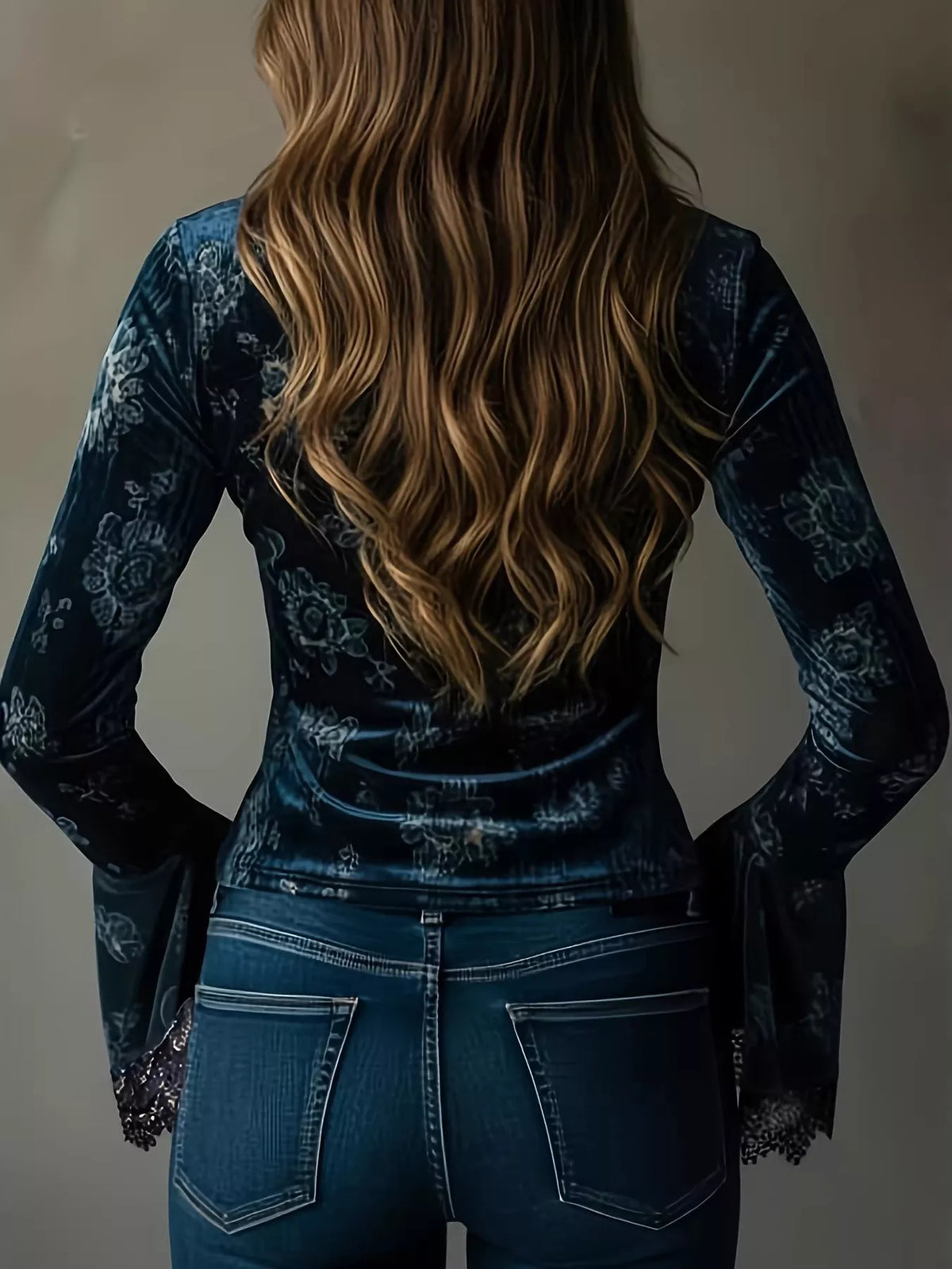 Lace trim flare sleeves blouse in soft fabric, featuring elegant lace details and a relaxed fit, perfect for stylish casual wear.