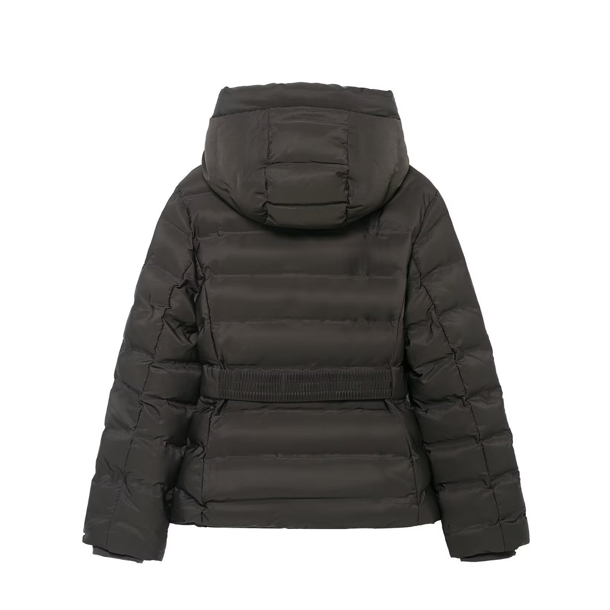 Back view of a dark brown puffer jacket with a hooded collar, quilted pattern, and elasticized waist.