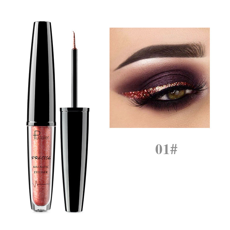 Pudaier precise metallic eyeliner in a black container with sparkling copper liquid, shown with a swatch.