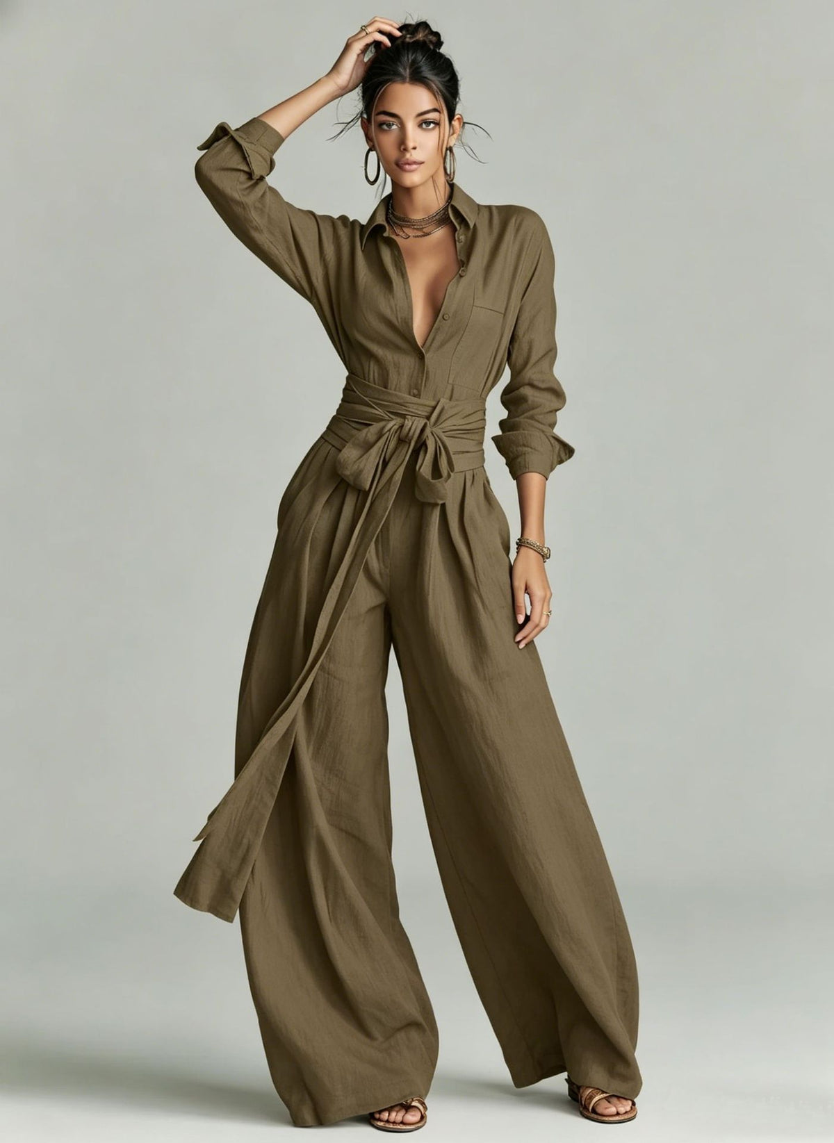 Solid color collar top and high-waisted pants two-piece set by Plush Fashion Hub, stylish outfit set for casual wear.