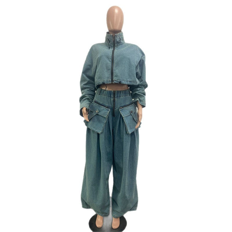 Women's retro denim two-piece outfit set with short jacket and wide-leg pants from Plush Fashion Hub, styled for a vintage look.