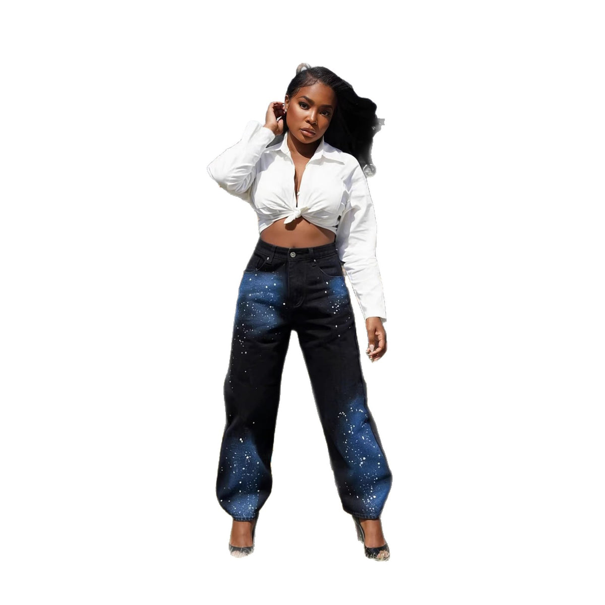 Eprolo streetwear starry blue graffiti print straight-leg jeans with bold design and casual fit, front view showing detailed print.