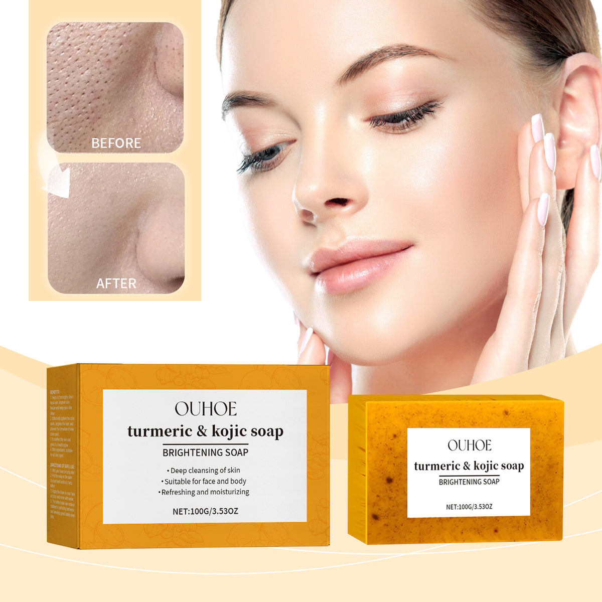 Ouhoe turmeric and kojic brightening soap bar next to its yellow box with before-and-after skin inserts.