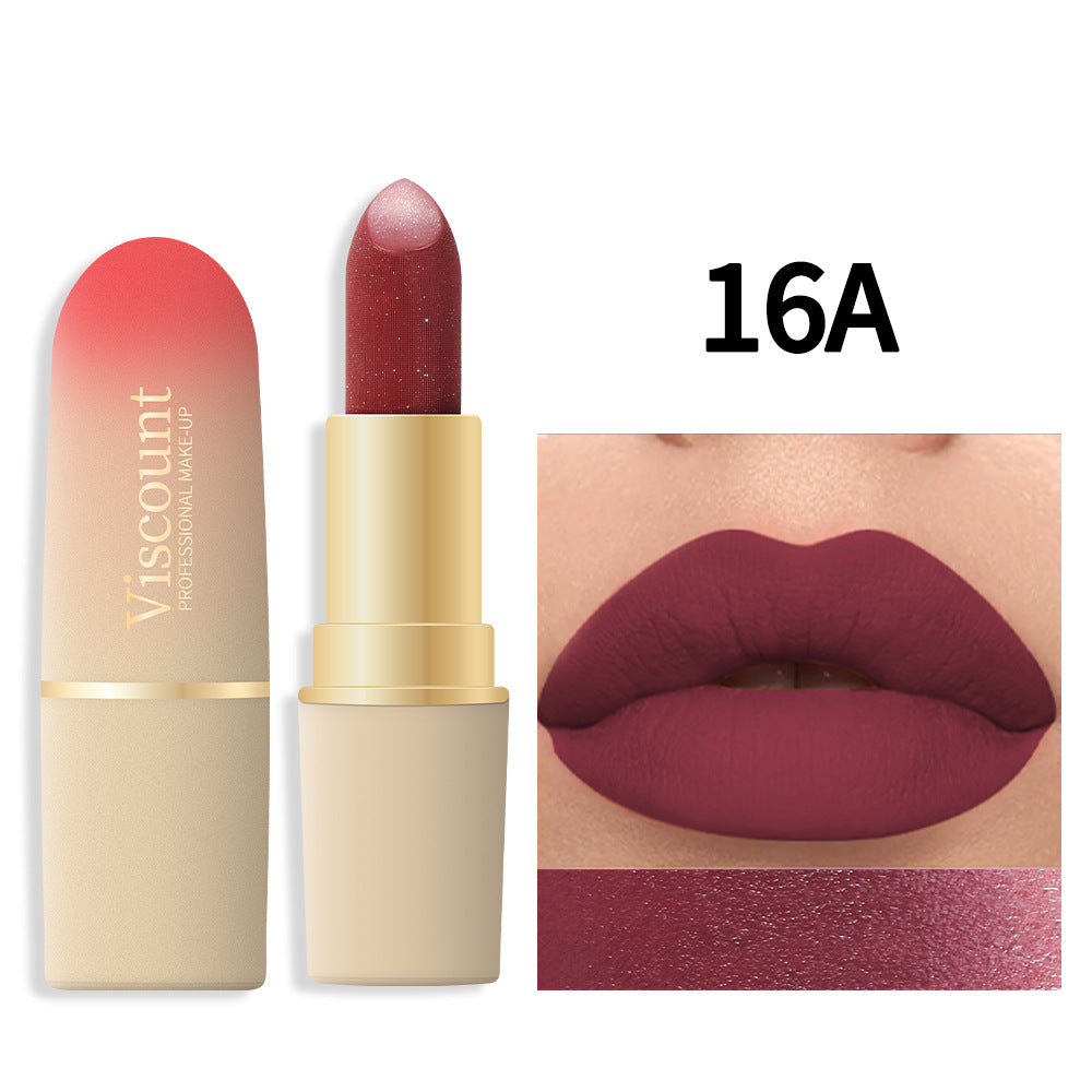 Viscount lipstick shade 16A in metallic deep berry red, with ombre peach and pink tube and a swatch on lips.