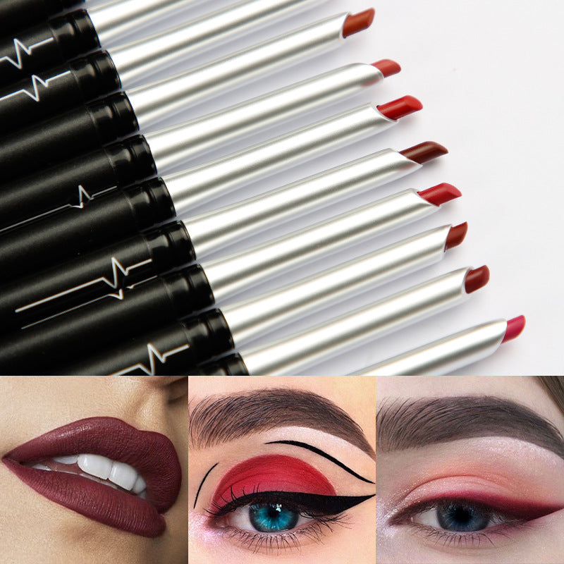 Slim twist-up lipsticks in black and silver cases with white heart rate line patterns, showing various shades.