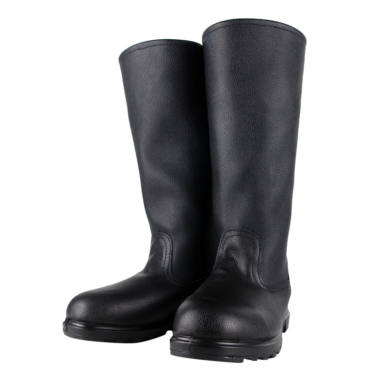 Pair of black tall leather work boots with textured finish and thick rubber soles.