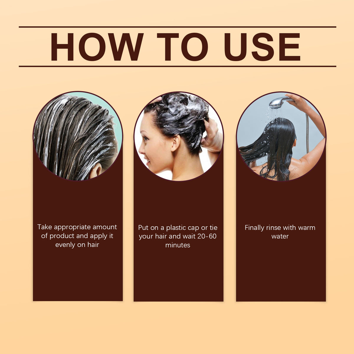 Infographic detailing hair product usage in three steps: applying product, waiting, and rinsing.