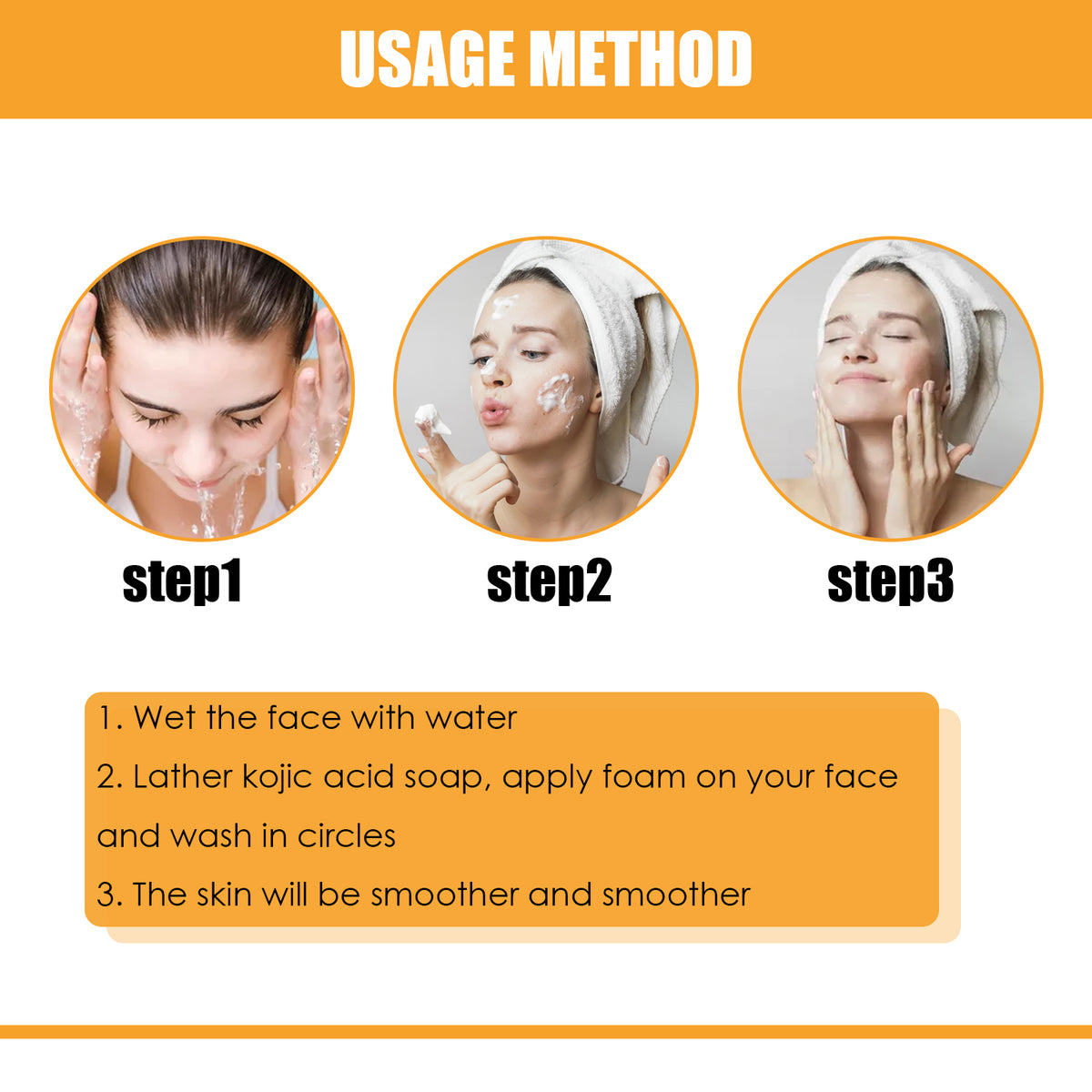 Three circular graphics show facial cleansing steps with text instructions below, demonstrating kojic acid soap usage.