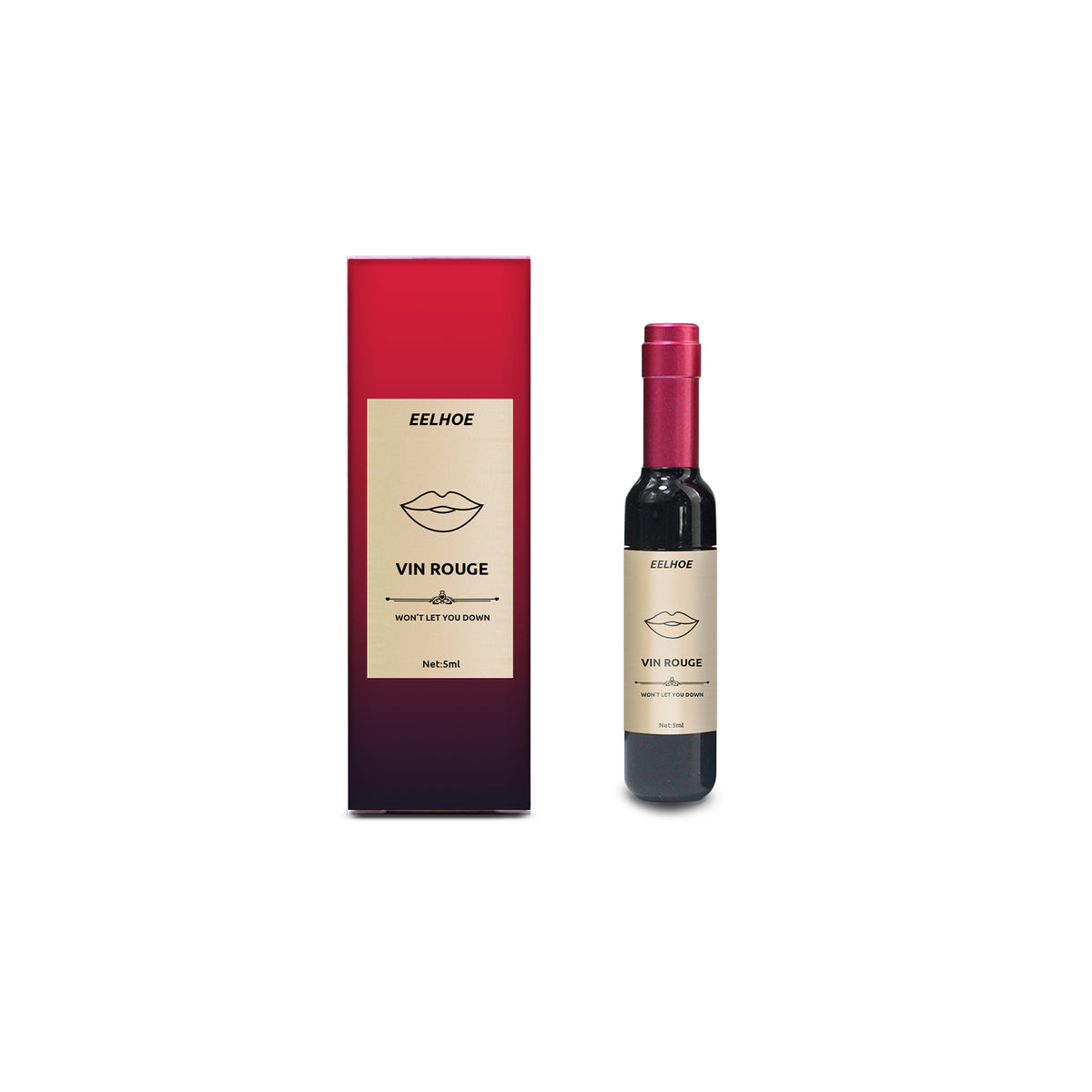 Glass bottle and red gradient box of Eelhoe Vin Rouge lip tint with gold label and lip graphic.