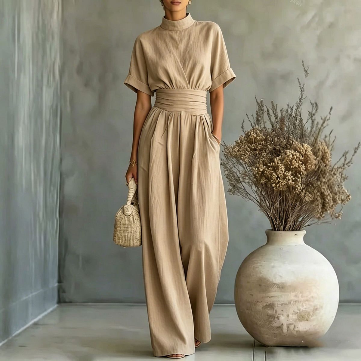 Eprolo half high neck short-sleeve wide-leg jumpsuit, stylish and comfortable, shown in a full-body view with a modern design.