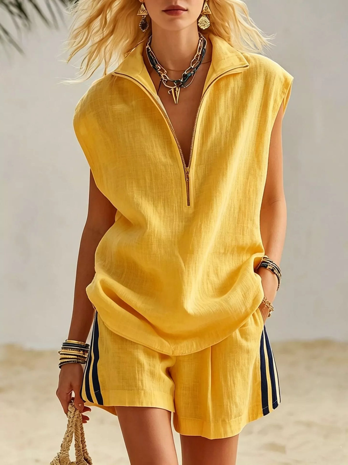 Plus size sleeveless zip top and striped shorts set by Plush Fashion Hub, casual two-piece outfit for warm weather.