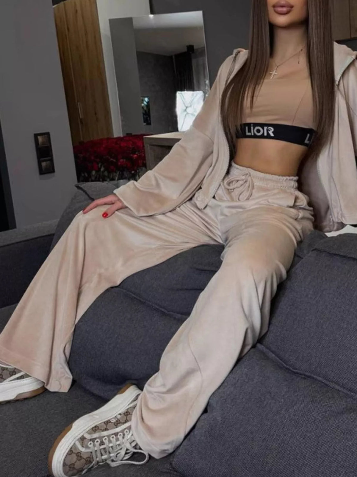 Plush Fashion Hub zip-up cropped outerwear and pants set, casual stylish matching apparel in black with front zipper details.