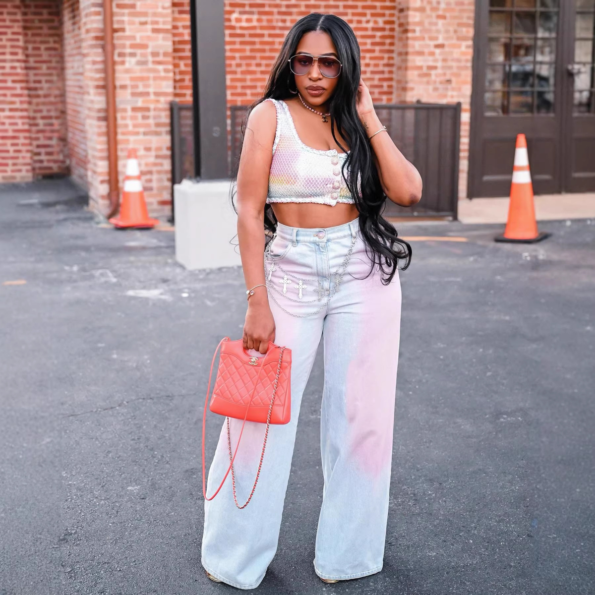 Gradient blush denim jeans by Plush Fashion Hub featuring a stylish blue and pink gradient wash and classic five-pocket design.