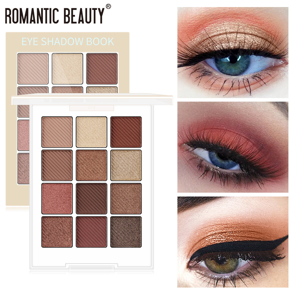 Romantic Beauty Eye Shadow Book palette in neutral brown shades with matte and metallic powders shown applied on eyes.