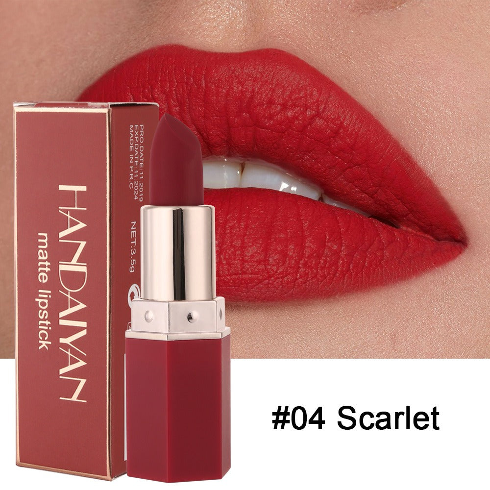 Handaiyan #04 Scarlet matte lipstick with red tube and box, shown with matching red lipstick applied on lips.