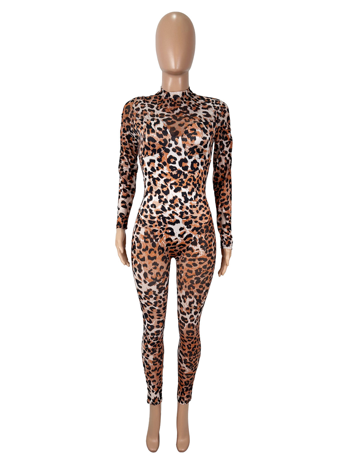 Women's mesh leopard print high-waisted fitted bodycon jumpsuit by Plush Fashion Hub, showcasing a stylish one-piece with a sleek fit.