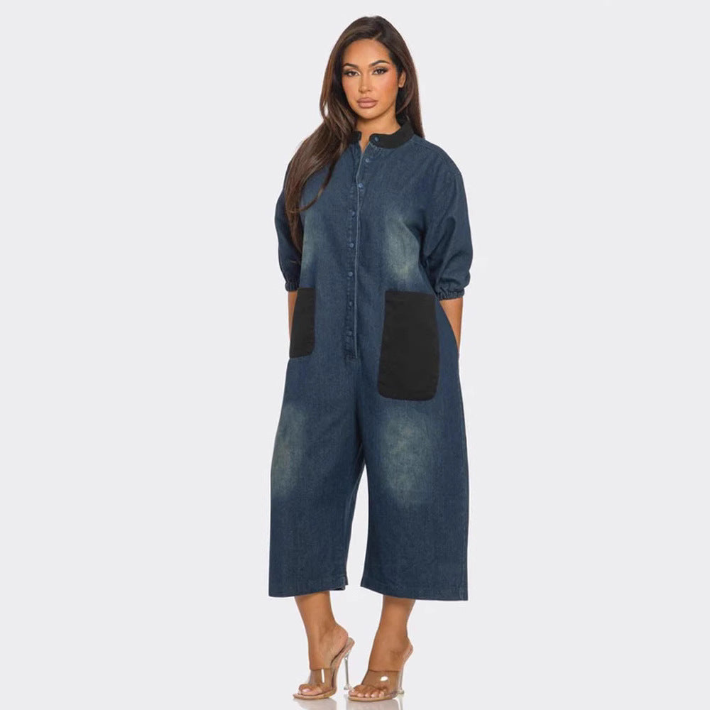 Color-block patchwork denim wide-leg jumpsuit by Plush Fashion Hub, featuring a stylish, casual design with vibrant patchwork details.