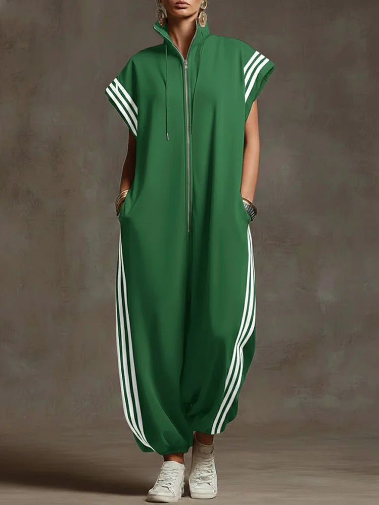 Striped zipper stand collar jumpsuit from Plush Fashion Hub featuring bold vertical stripes and a sleek, modern design.