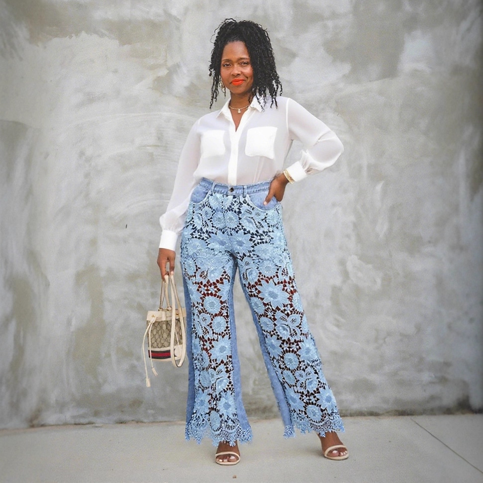 Hollow lace spliced high-waist jeans from Plush Fashion Hub showing distressed denim with lace detailing and high-rise fit.
