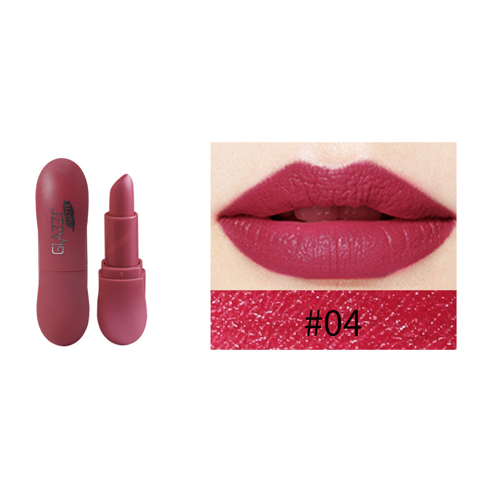 Matte berry pink lipstick tube labeled #04, shown next to lips wearing the matching color.