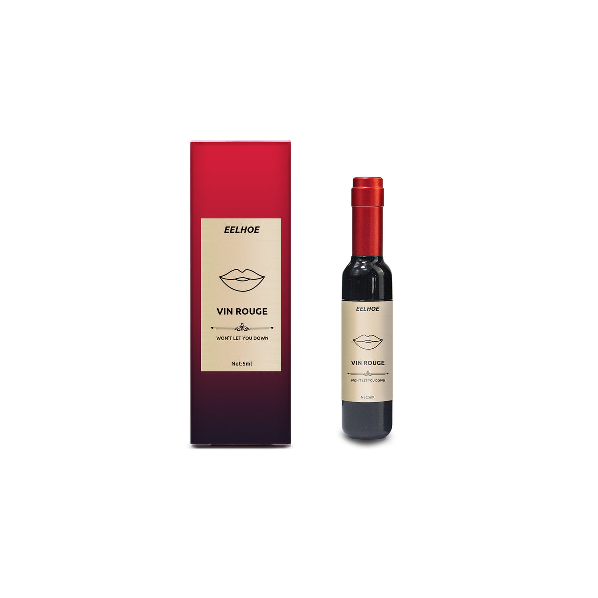 Eelhoe Vin Rouge 5ml lip tint bottle and matching red gradient box with black lip graphics and text.