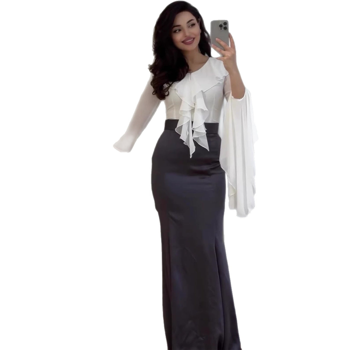 Eprolo tie-dye autumn dress with fitted ruffle sleeves, patchwork design, long sleeves, and A-line full-length style.