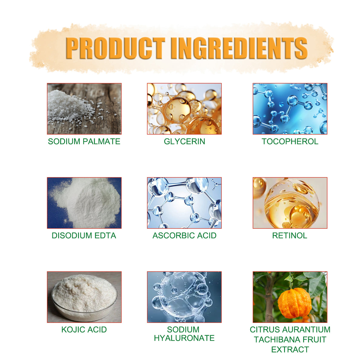 Product ingredients list infographic showcasing sodium palmate, glycerin, tocopherol, and other skincare extracts.