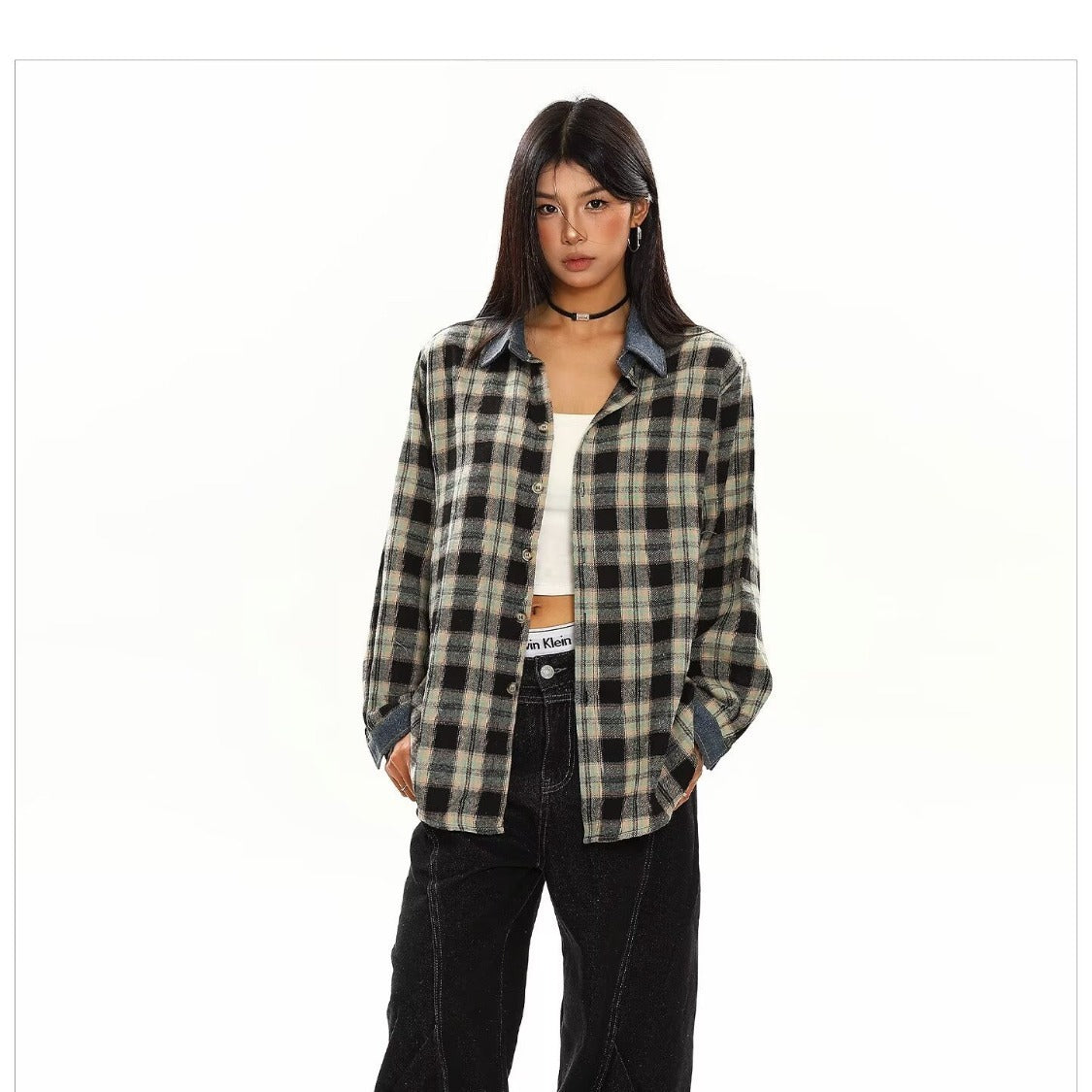 Loose fit plaid long sleeve shirt for men and women by eprolo, shown in a casual style with button-up front and collar.