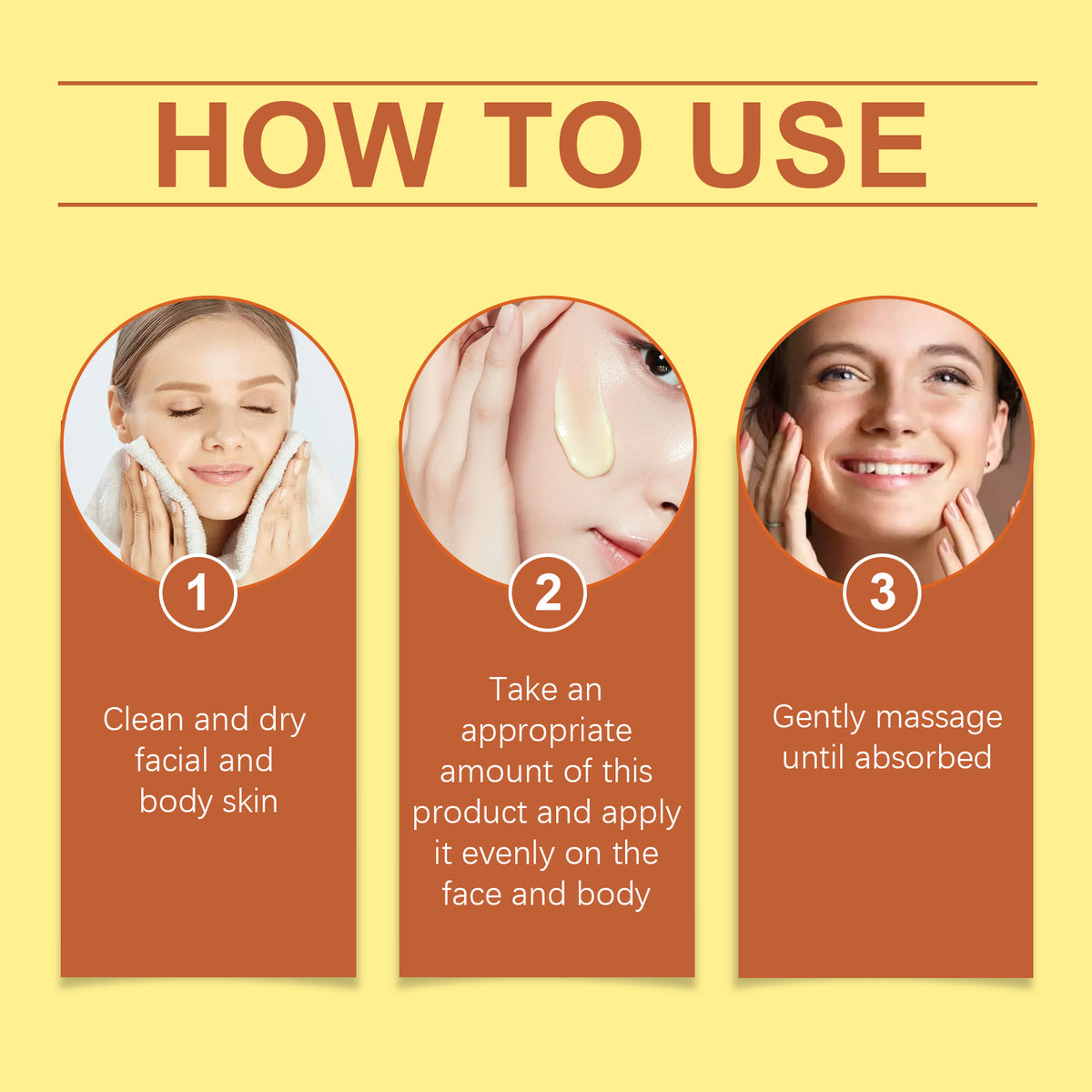 Infographic with three numbered steps for using skincare product, featuring a woman's face applying the cream.