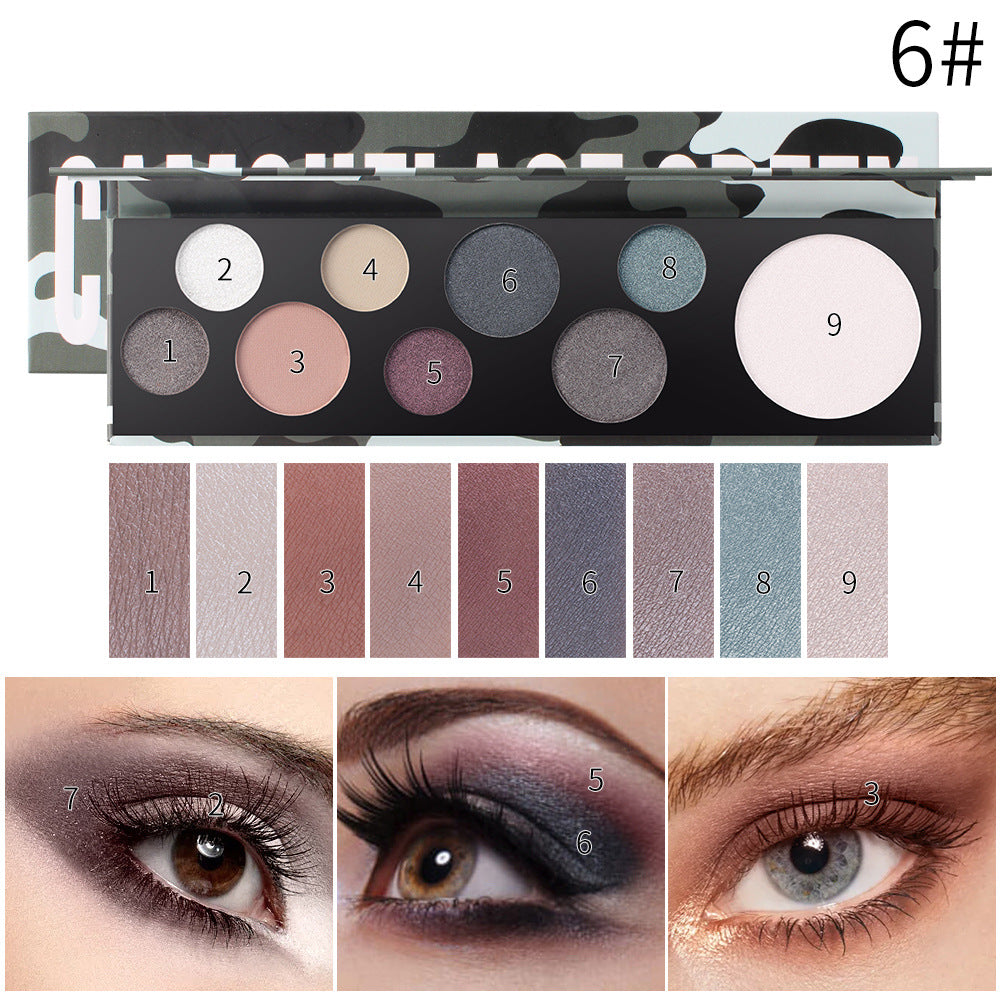 Eyeshadow palette with 9 shades in camo casing, swatches, and eye makeup application examples.