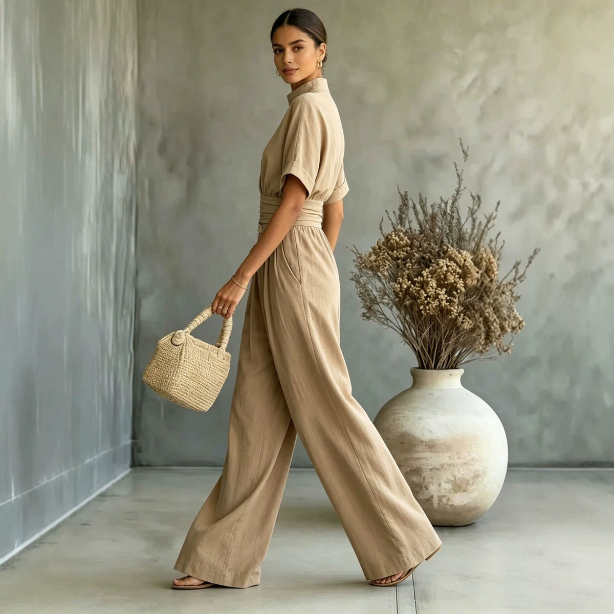 Eprolo half high neck short sleeve wide-leg jumpsuit displayed on a model, featuring a stylish and comfortable design.
