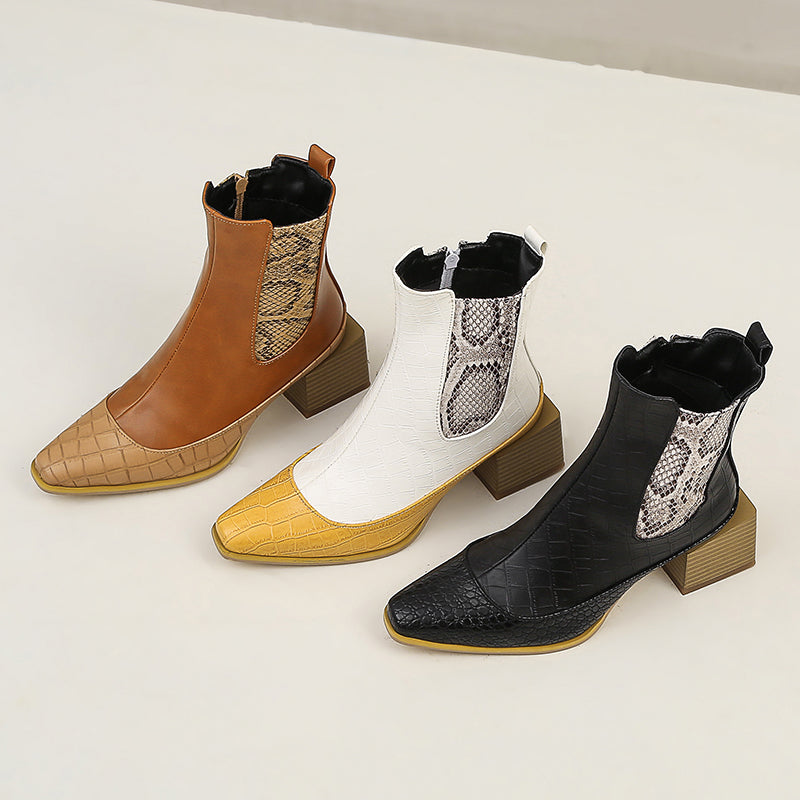 Three faux leather ankle boots with block heels, available in brown, white, and black with python print side panels.