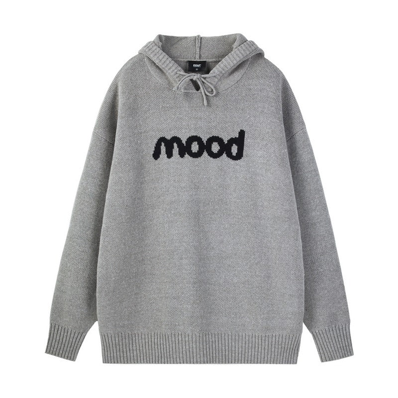 Grey knit hoodie with long sleeves, ribbed cuffs and hem, drawstring hood, and black "mood" text on the chest.