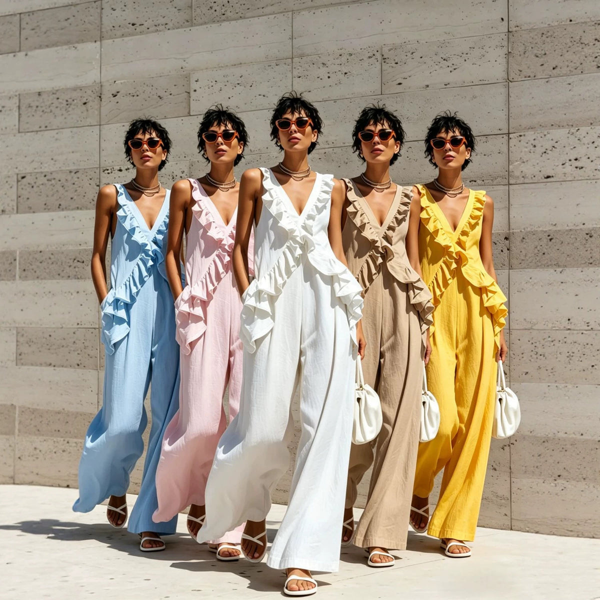 eprolo women's sleeveless V-neck solid color jumpsuit with casual vacation style, displayed on a hanger.