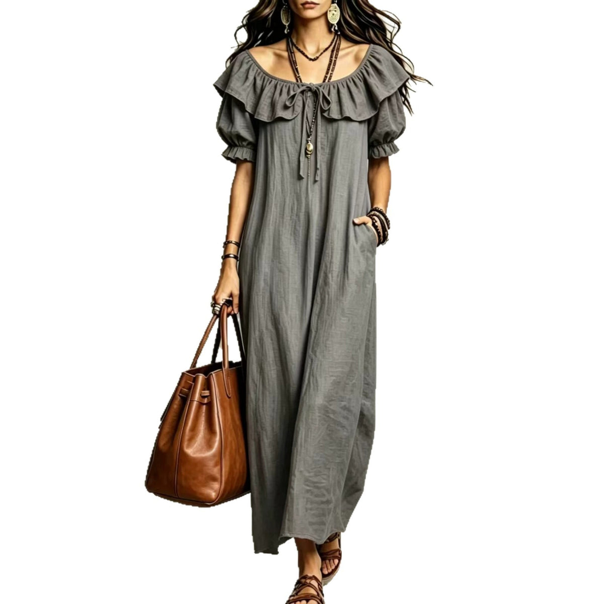 Casual elegant women's round neck ruffle beach vacation dress by eprolo, featuring a flowing silhouette and stylish ruffle details.