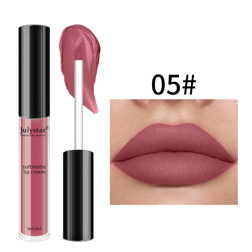 Julystar soft matte lip cream in shade 05, featuring a mauve pink swatch and matte application on lips.