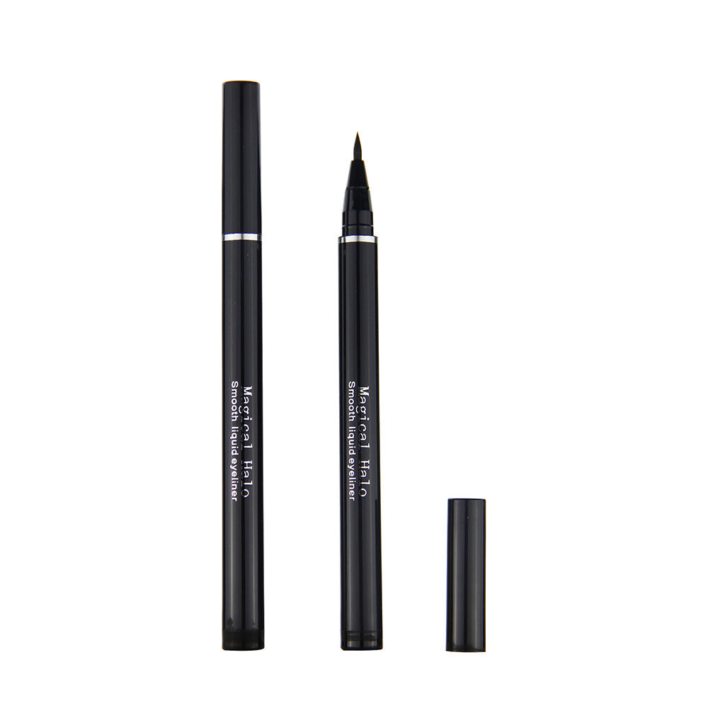 Black liquid eyeliner pen with cap on and off, showing a fine felt-tip brush and white printed text on the barrel.