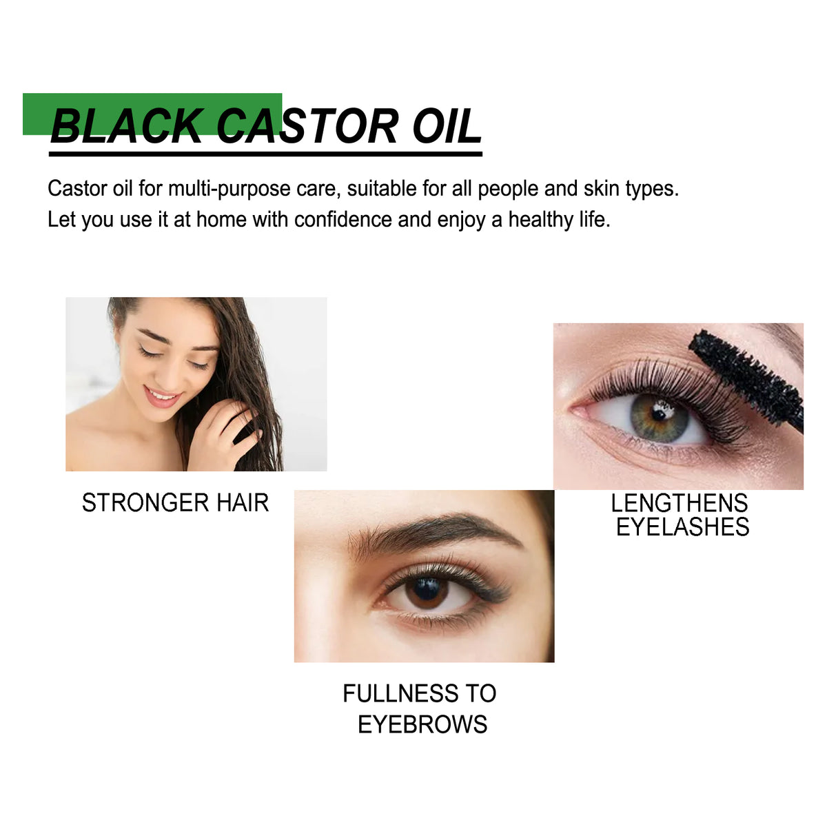 Black Castor Oil text graphic, showing a woman with strong hair, long eyelashes, and full eyebrows.