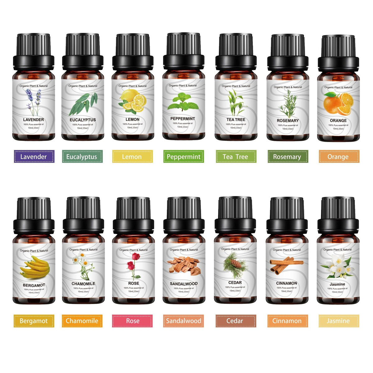 Fourteen amber glass essential oil bottles with black caps and plant-labeled labels arranged in two rows.