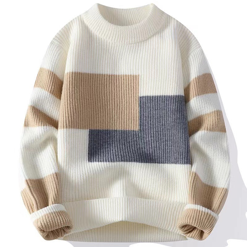 Ribbed knit sweater in white, tan, and grey, featuring a color block and striped pattern with a crew neck.